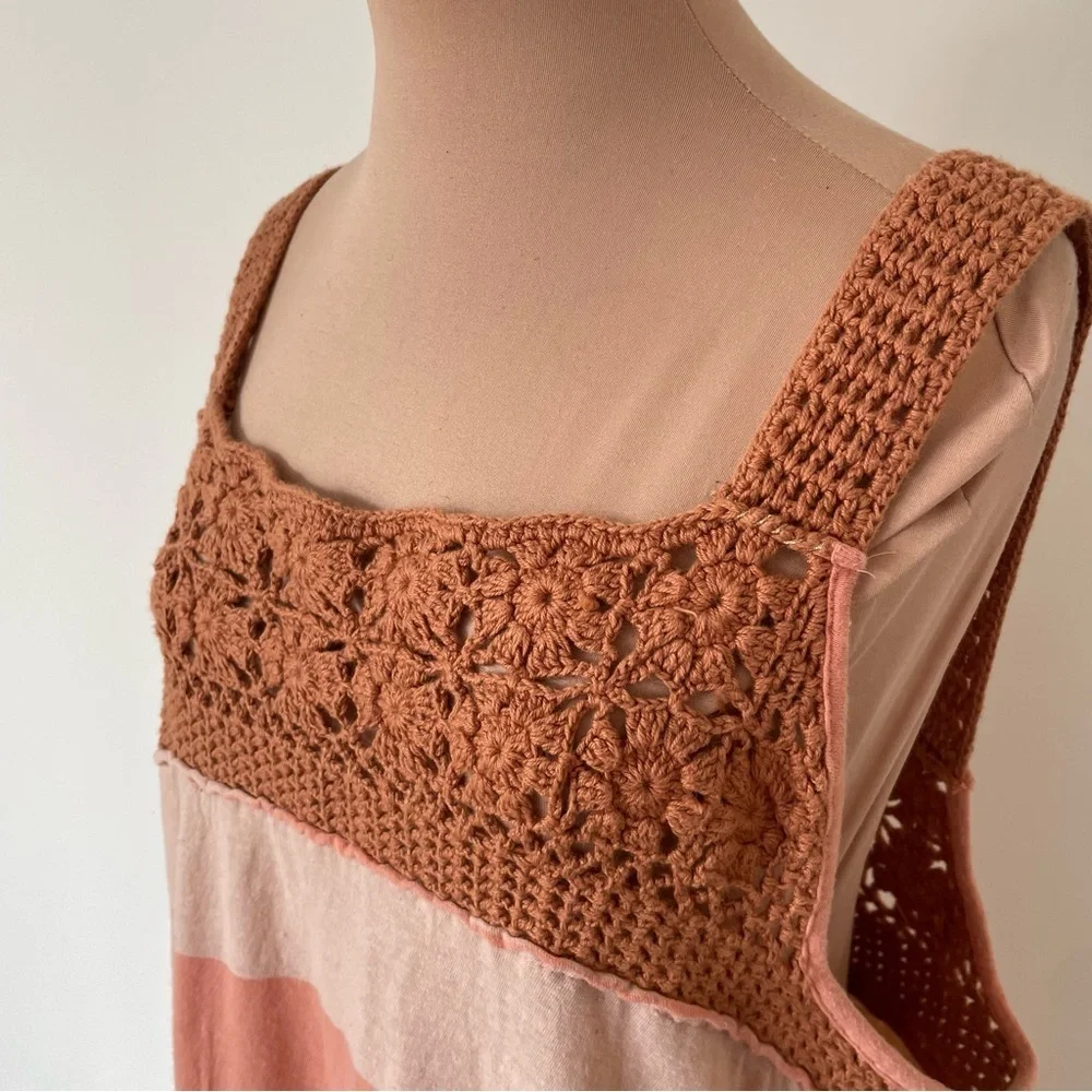 Free People Luca Sayulita Combo Crochet Striped Cotton Linen Tank Tunic Dress M